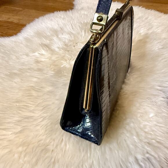 Vintage 50s 60s Black Lizard Top-handle Structured Purse Luxury Handbag MCM Glam - Picture 4 of 16